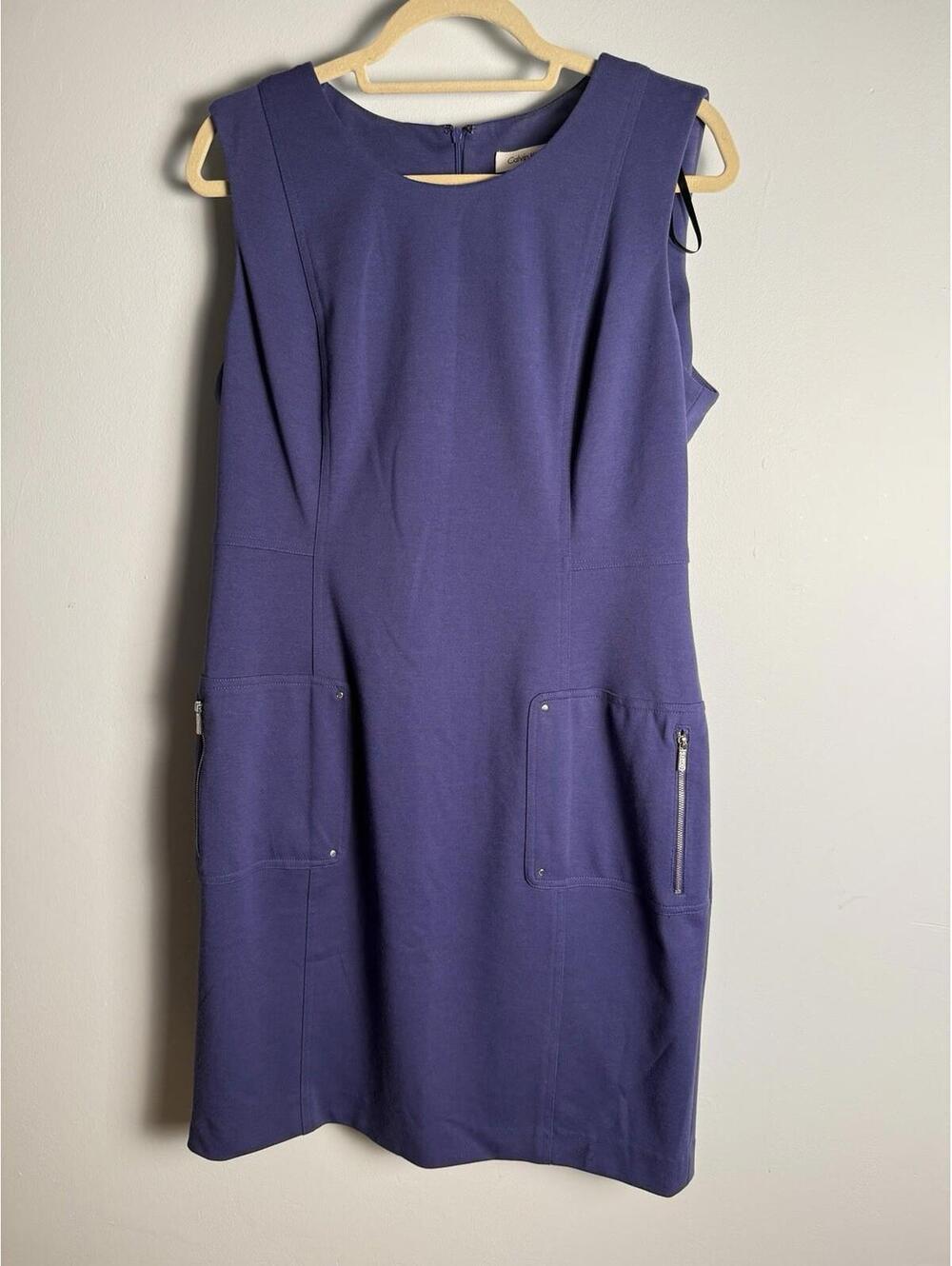 Calvin Klein Dress Sleeveless Midi Blue Violet Sheath Stretch Pockets Zip 14